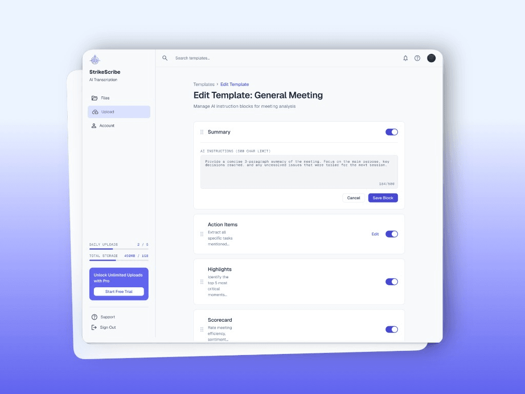 StrikeScribe template editor with AI instruction blocks
