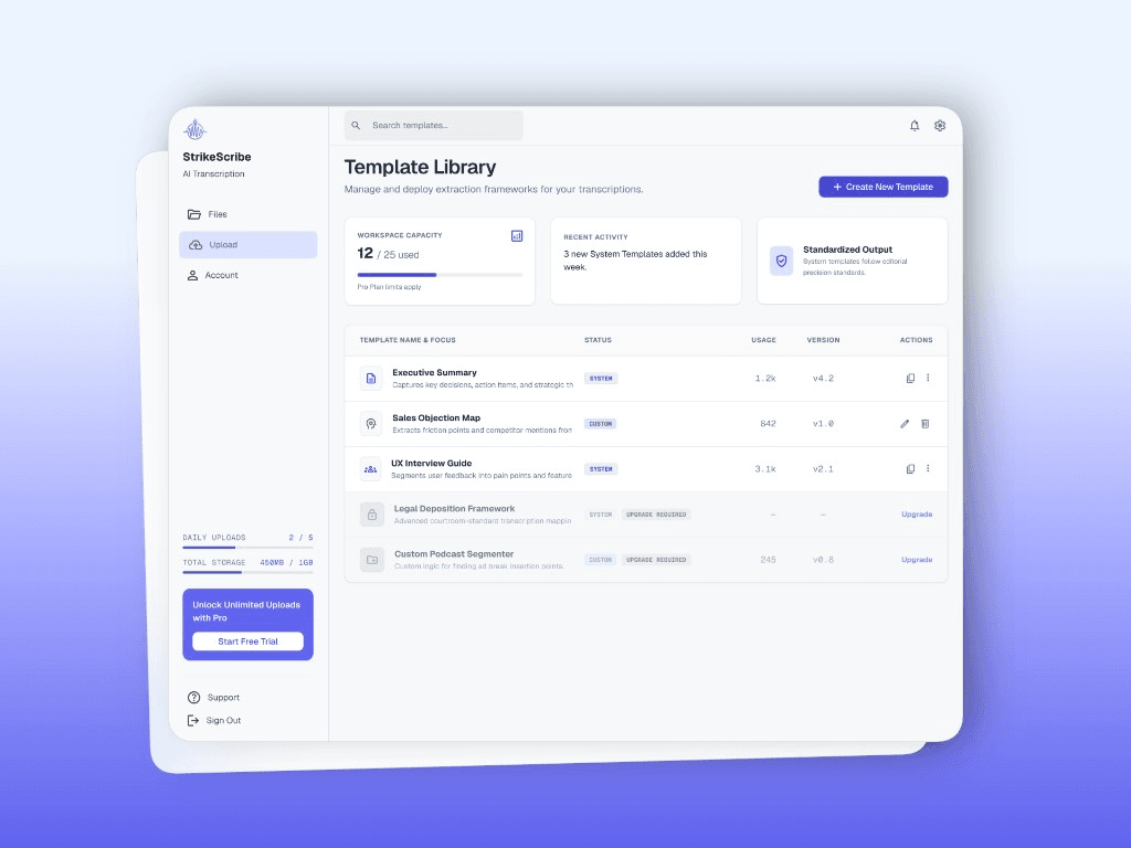 StrikeScribe template library with system and custom extraction frameworks