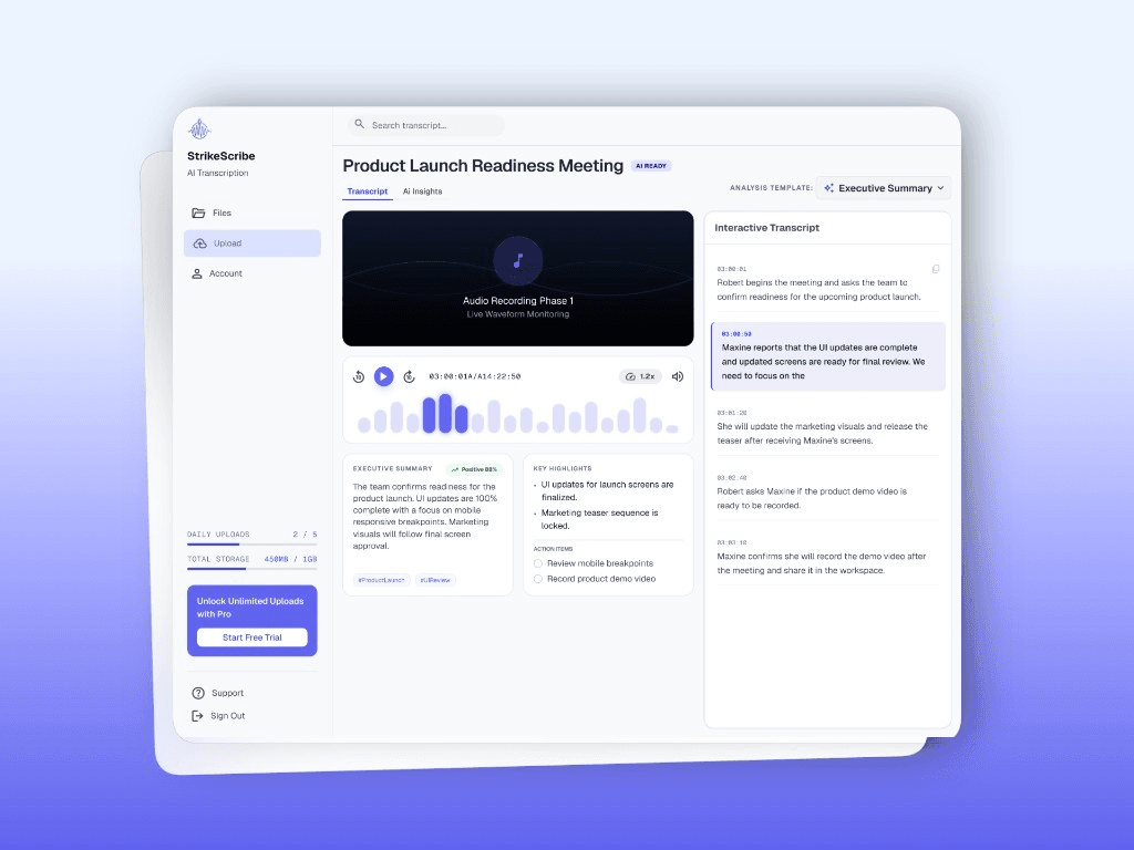 StrikeScribe file library with transcript snippets and AI insights