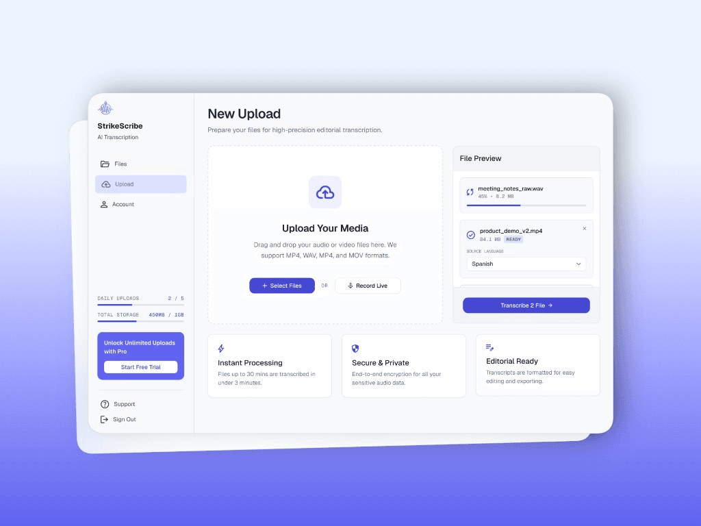 StrikeScribe upload screen with dropzone and file preview